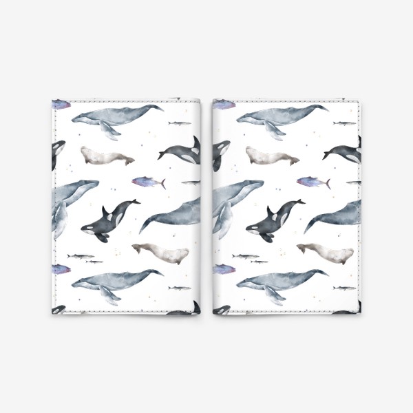 Обложка для паспорта «Акварельный фон с яркими иллюстрациями подводного мира. Морские млекопитающие, черная косатка, большой синий кит, белуха»