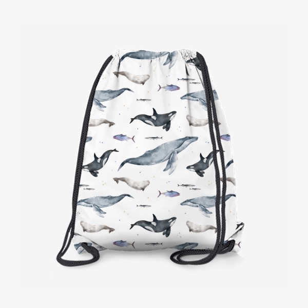 Рюкзак «Акварельный фон с яркими иллюстрациями подводного мира. Морские млекопитающие, черная косатка, большой синий кит, белуха»