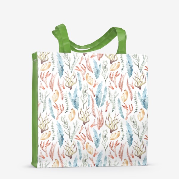 Сумка-шоппер &laquo;Акварельный фон с яркими иллюстрациями подводного мира. Разноцветны водоросли, морские растения&raquo;