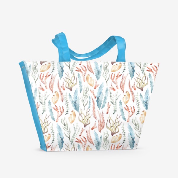 Пляжная сумка &laquo;Акварельный фон с яркими иллюстрациями подводного мира. Разноцветны водоросли, морские растения&raquo;