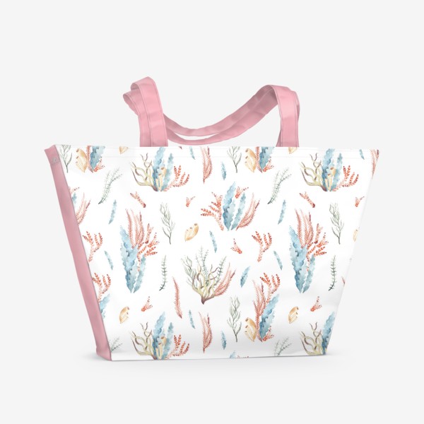 Пляжная сумка «Акварельный фон с яркими иллюстрациями подводного мира. Разноцветны водоросли, морские растения»