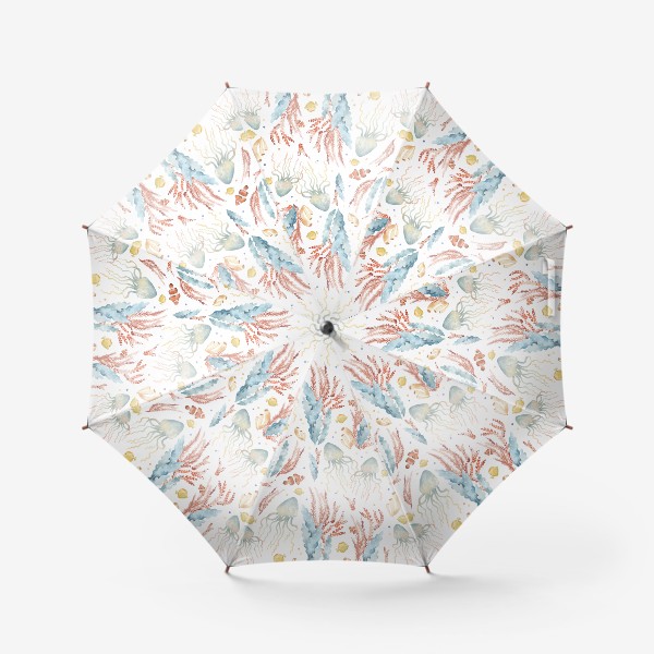 Зонт «Акварельный фон с яркими иллюстрациями подводного мира. Разноцветны водоросли, рыбы, медузы»