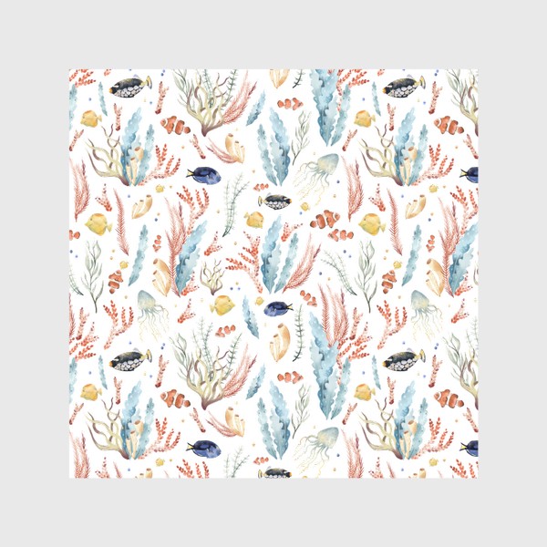 Шторы &laquo;Акварельный фон с яркими иллюстрациями подводного мира. Разноцветные водоросли, рыбы, коралловый риф&raquo;