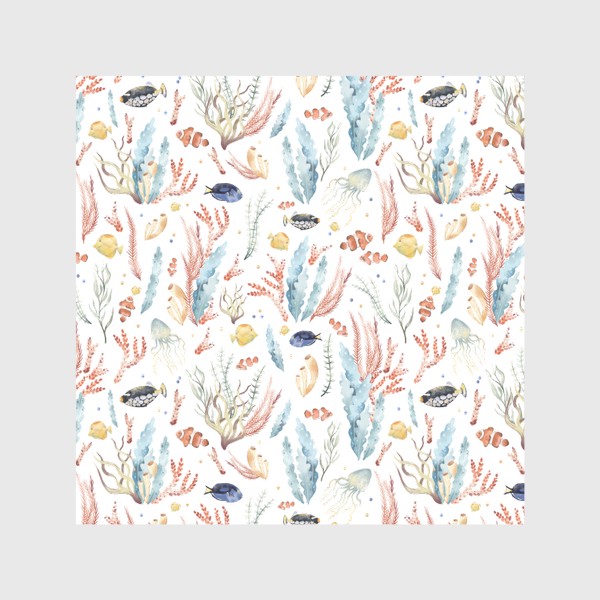 Скатерть &laquo;Акварельный фон с яркими иллюстрациями подводного мира. Разноцветные водоросли, рыбы, коралловый риф&raquo;