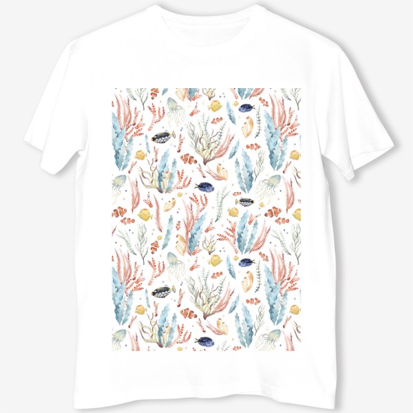 Футболка «Акварельный фон с яркими иллюстрациями подводного мира. Разноцветные водоросли, рыбы, коралловый риф»