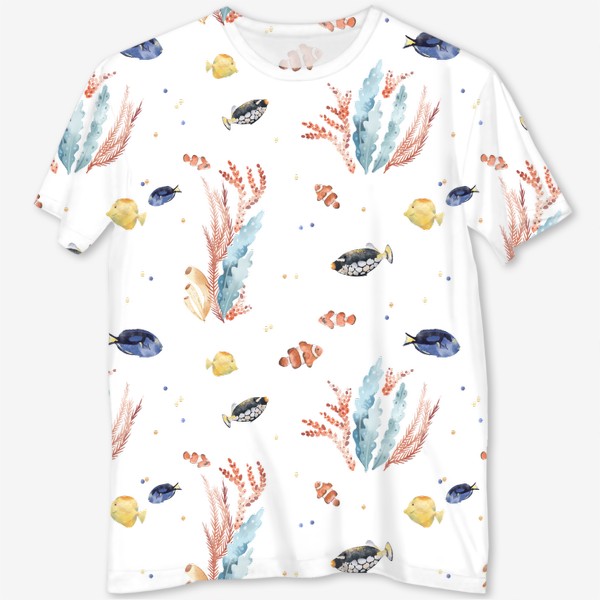 Футболка с полной запечаткой &laquo;Акварельный фон с яркими иллюстрациями подводного мира. Разноцветные водоросли, рыбы, коралловый риф&raquo;