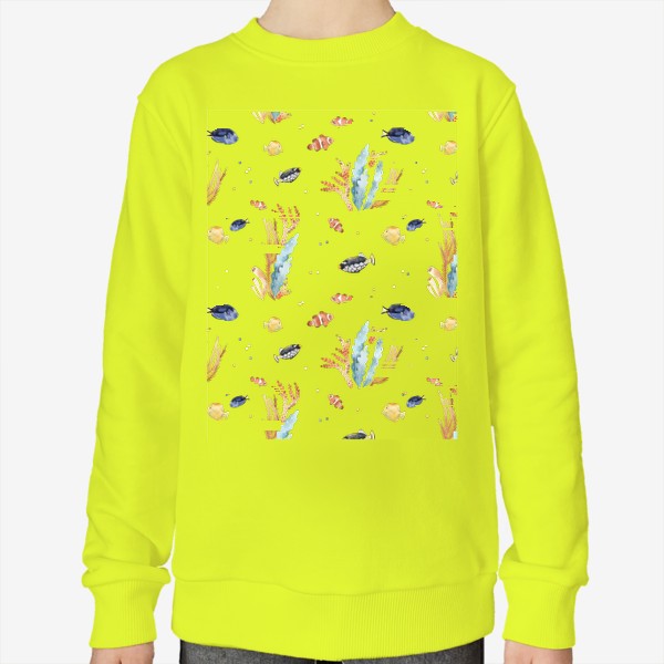 Свитшот «Акварельный фон с яркими иллюстрациями подводного мира. Разноцветные водоросли, рыбы, коралловый риф»