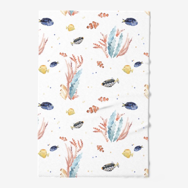 Полотенце «Акварельный фон с яркими иллюстрациями подводного мира. Разноцветные водоросли, рыбы, коралловый риф»