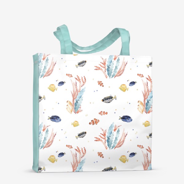 Сумка-шоппер «Акварельный фон с яркими иллюстрациями подводного мира. Разноцветные водоросли, рыбы, коралловый риф»