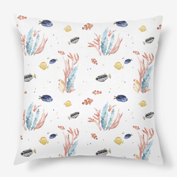 Подушка «Акварельный фон с яркими иллюстрациями подводного мира. Разноцветные водоросли, рыбы, коралловый риф»