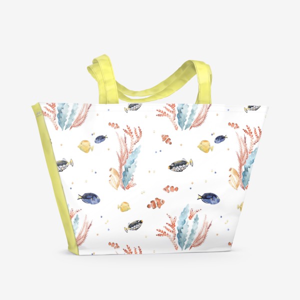 Пляжная сумка «Акварельный фон с яркими иллюстрациями подводного мира. Разноцветные водоросли, рыбы, коралловый риф»