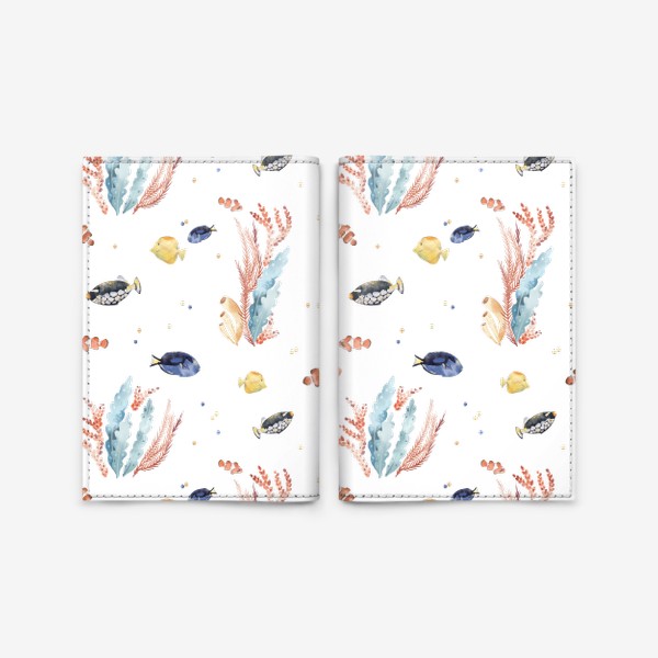 Обложка для паспорта «Акварельный фон с яркими иллюстрациями подводного мира. Разноцветные водоросли, рыбы, коралловый риф»