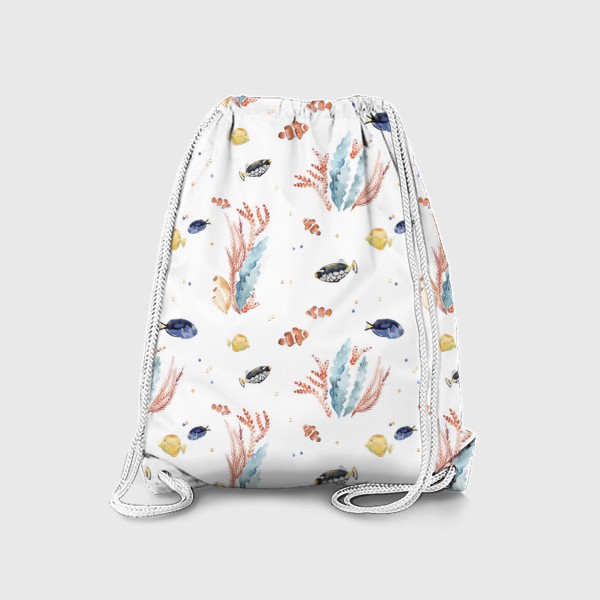 Рюкзак «Акварельный фон с яркими иллюстрациями подводного мира. Разноцветные водоросли, рыбы, коралловый риф»