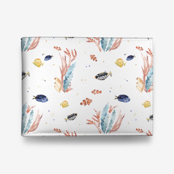 Кошелек «Акварельный фон с яркими иллюстрациями подводного мира. Разноцветные водоросли, рыбы, коралловый риф»