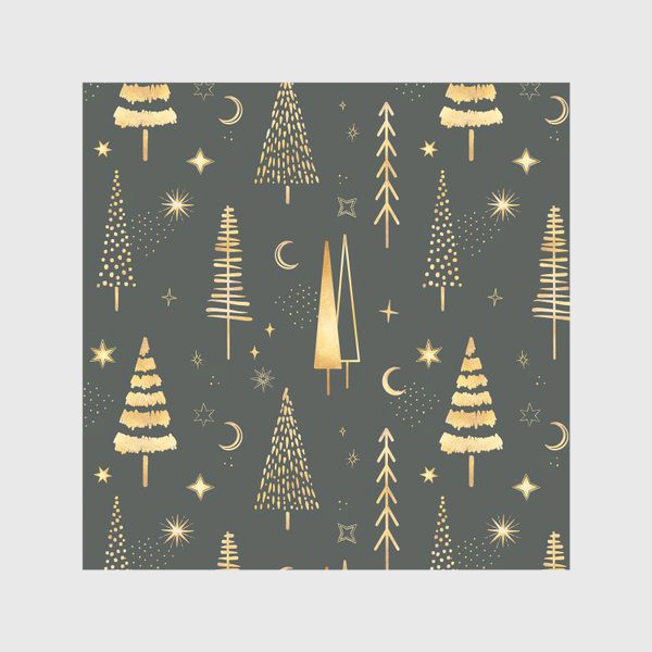 Скатерть «Золотой новогодний зимний фон. Геометрические елки, звезды, луна на зеленом фоне»