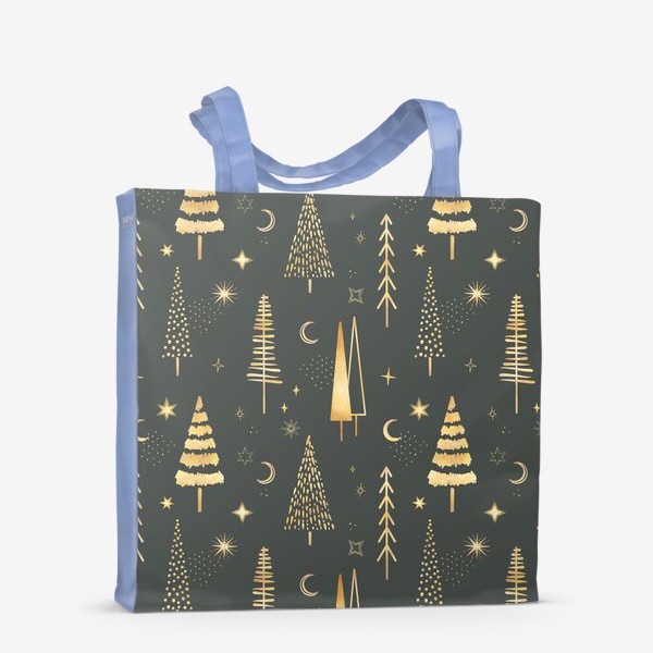 Сумка-шоппер «Золотой новогодний зимний фон. Геометрические елки, звезды, луна на зеленом фоне»