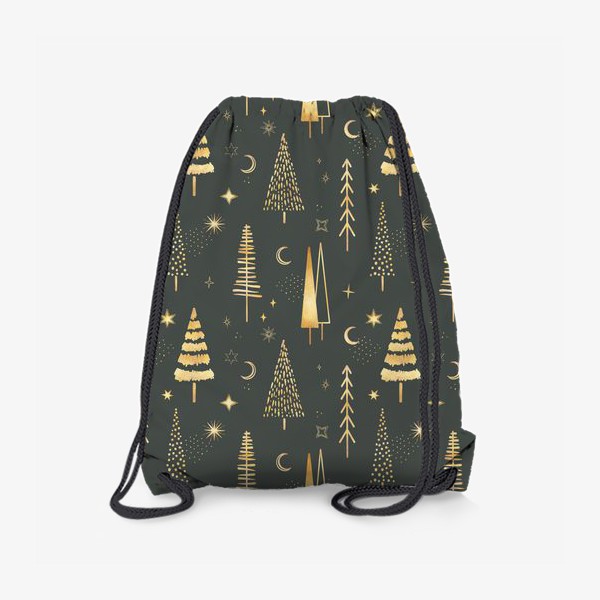 Рюкзак «Золотой новогодний зимний фон. Геометрические елки, звезды, луна на зеленом фоне»