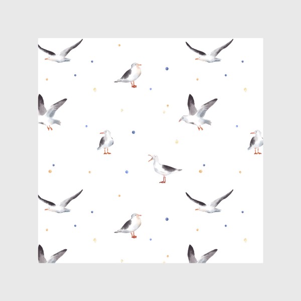 Шторы &laquo;Акварельный фон с яркими иллюстрациями морских птиц. Чайки в небе, разноцветные точки&raquo;