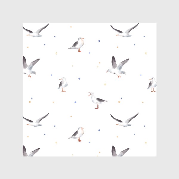 Скатерть &laquo;Акварельный фон с яркими иллюстрациями морских птиц. Чайки в небе, разноцветные точки&raquo;