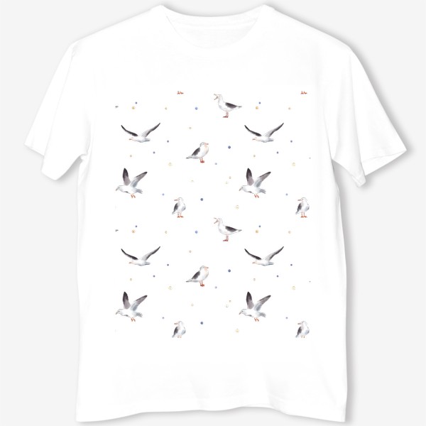 Футболка &laquo;Акварельный фон с яркими иллюстрациями морских птиц. Чайки в небе, разноцветные точки&raquo;