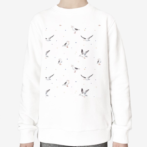 Свитшот &laquo;Акварельный фон с яркими иллюстрациями морских птиц. Чайки в небе, разноцветные точки&raquo;