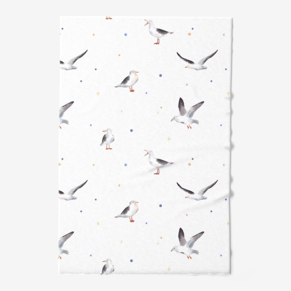 Полотенце &laquo;Акварельный фон с яркими иллюстрациями морских птиц. Чайки в небе, разноцветные точки&raquo;
