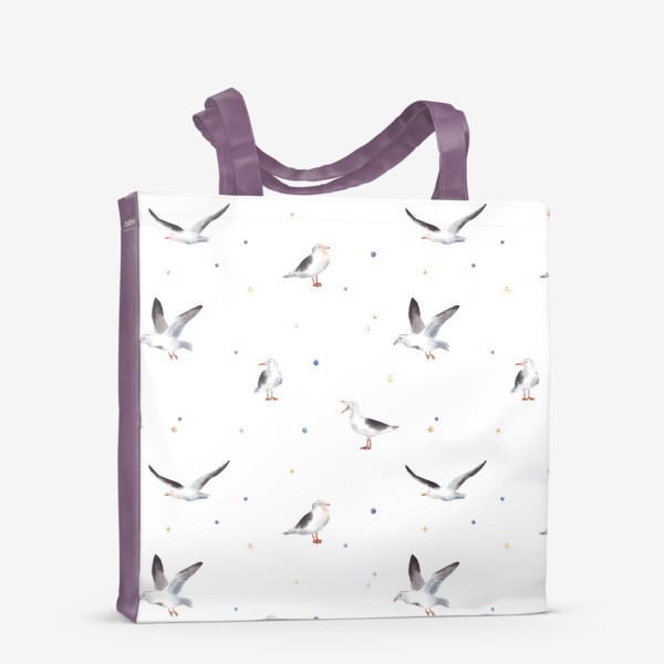 Сумка-шоппер «Акварельный фон с яркими иллюстрациями морских птиц. Чайки в небе, разноцветные точки»