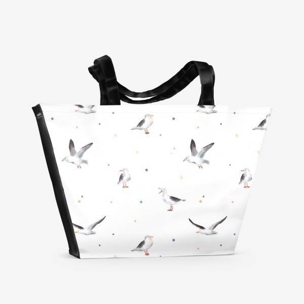 Пляжная сумка &laquo;Акварельный фон с яркими иллюстрациями морских птиц. Чайки в небе, разноцветные точки&raquo;