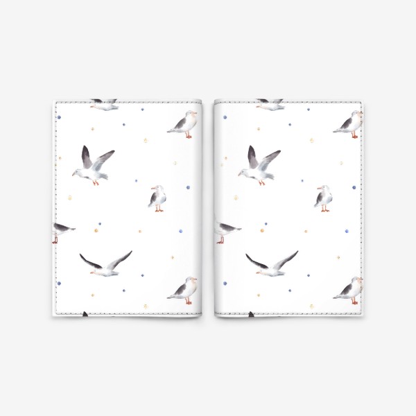 Обложка для паспорта «Акварельный фон с яркими иллюстрациями морских птиц. Чайки в небе, разноцветные точки»