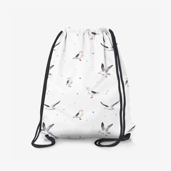 Рюкзак «Акварельный фон с яркими иллюстрациями морских птиц. Чайки в небе, разноцветные точки»