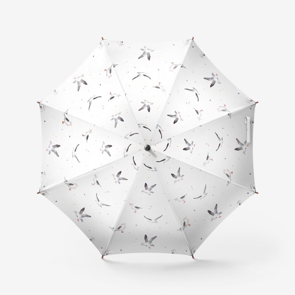 Зонт «Акварельный фон с яркими иллюстрациями морских птиц. Чайки в небе, разноцветные точки»