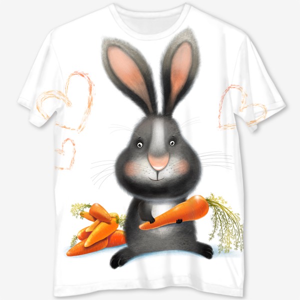 Футболка с полной запечаткой «Черный кролик с морковками»