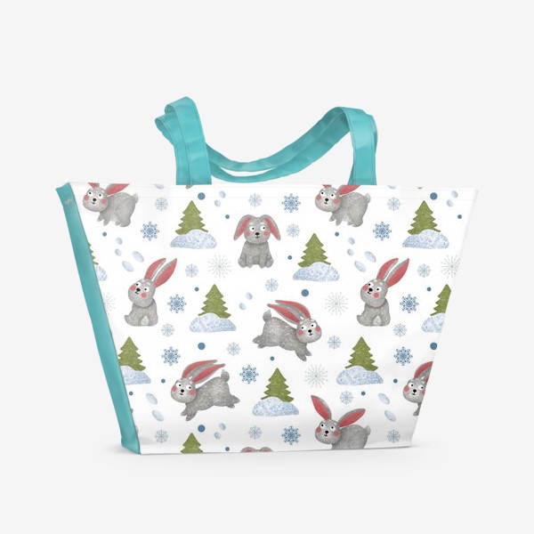 Пляжная сумка &laquo;Зайцы или кролики, снежинки и ёлки, снег, лес, милые животные&raquo;