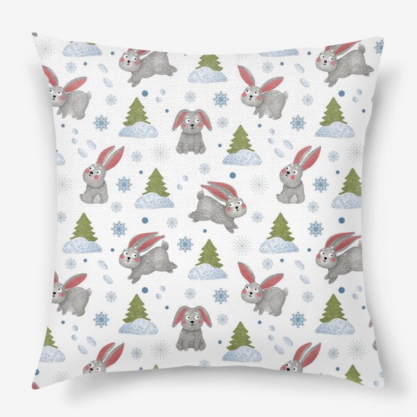 Подушка «Зайцы или кролики, снежинки и ёлки, снег, лес, милые животные»