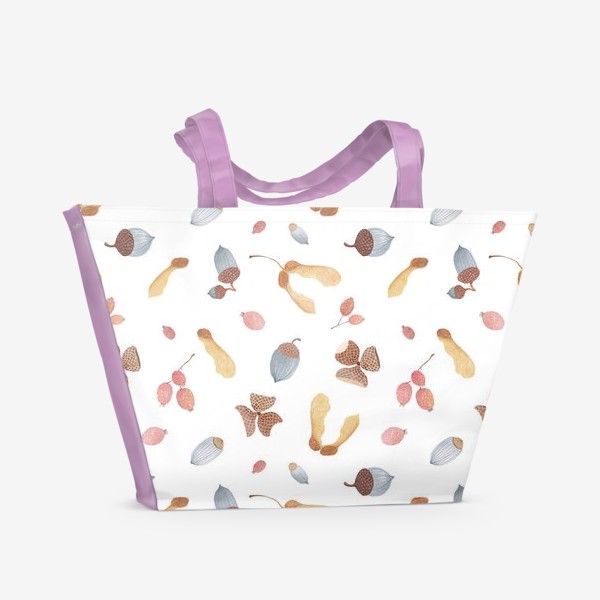 Пляжная сумка «Акварельный фон с осенними желудями, шляпками, курносиками и ягодами боярышника»