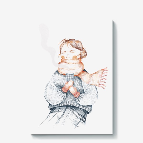Холст &laquo;Акварельная яркая уютная иллюстрация. Девушка в шарфе и свитере держит в руках горячую чашку. Зима, осень&raquo;