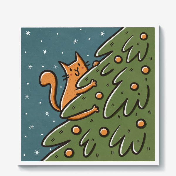 Холст &laquo;Забавный рыжий кот на елке. Новый год &raquo;