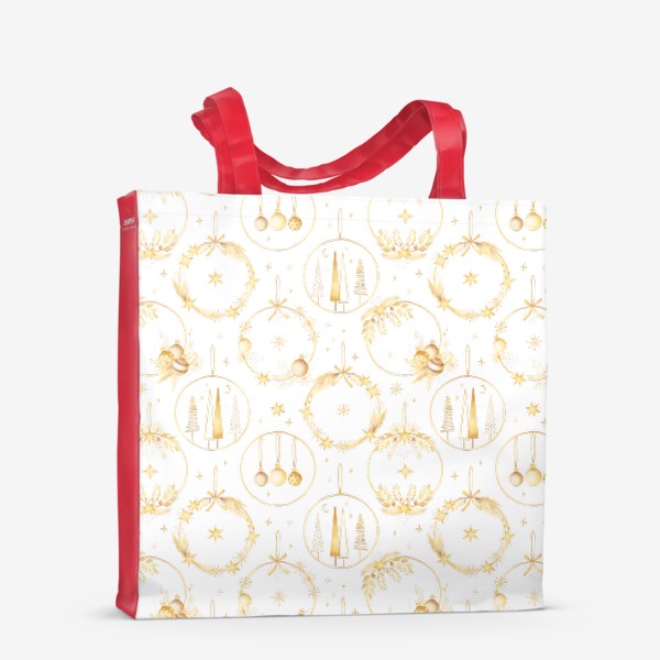 Сумка-шоппер «Золотой новогодний зимний фон. Желтые венки с новогодними игрушками, елками, золотым декором»
