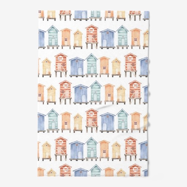 Полотенце «Акварельный бесшовный фон с яркими иллюстрациями прибрежных пляжных домиков, раздевалок. Лето, море»