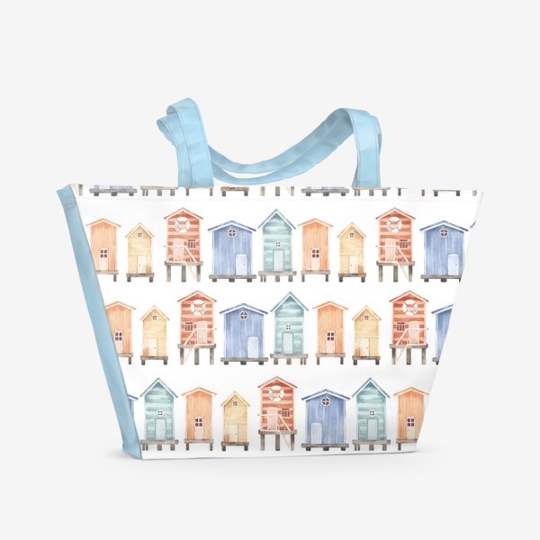 Пляжная сумка «Акварельный бесшовный фон с яркими иллюстрациями прибрежных пляжных домиков, раздевалок. Лето, море»