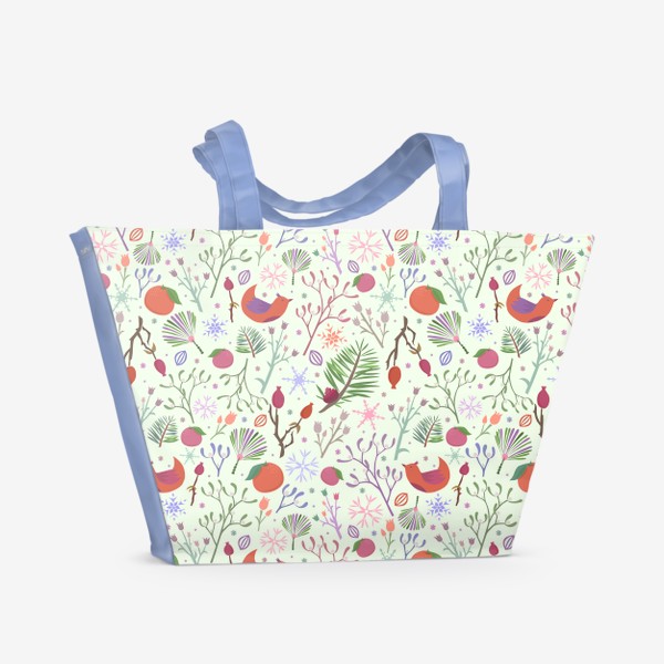 Пляжная сумка «Новый год. Паттерн с растениями, мандаринами и птичками. Светло-салатовый.»