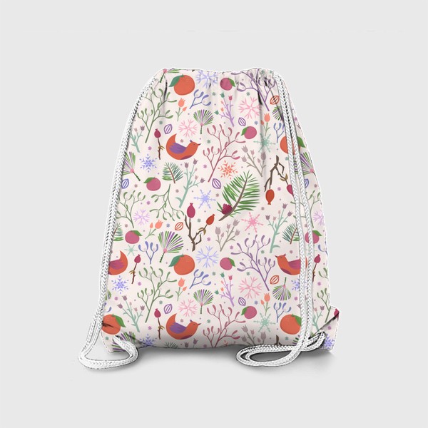 Рюкзак «Новый год. Паттерн с растениями, мандаринами и птичками. Светло-розово-бежевый. »