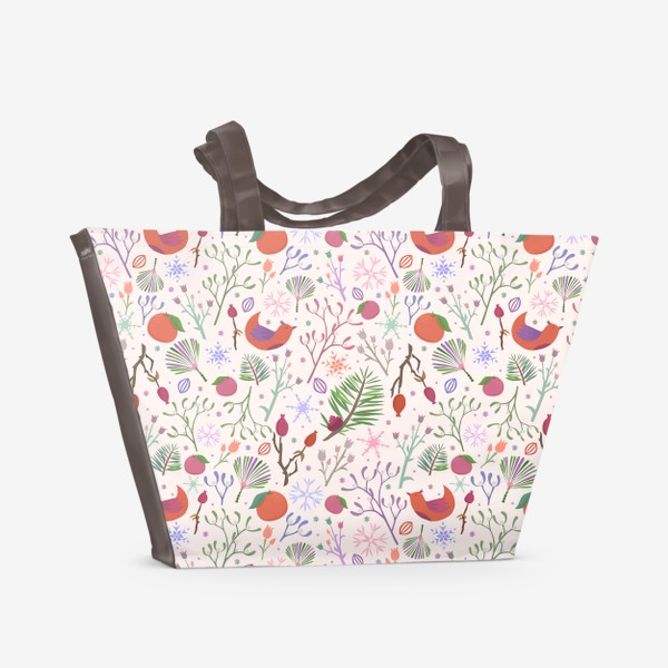 Пляжная сумка «Новый год. Паттерн с растениями, мандаринами и птичками. Светло-розово-бежевый. »