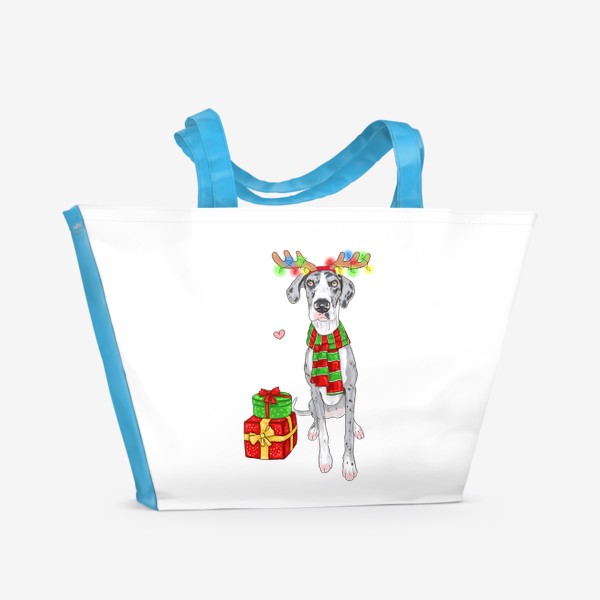 Пляжная сумка «Немецкий дог с подарками собаки Новый год»