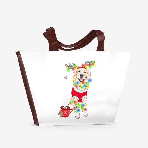 Пляжная сумка &laquo;Новый год  какао гирлянды лабрадор санта оленьи рога собаки&raquo;