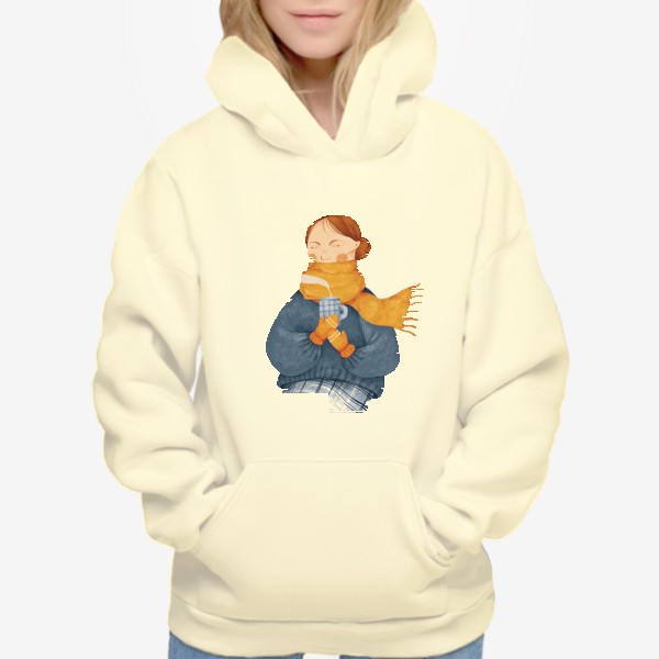 Худи «Акварельная яркая уютная иллюстрация. Девушка в шарфе и свитере держит в руках горячую чашку. Зима, осень»