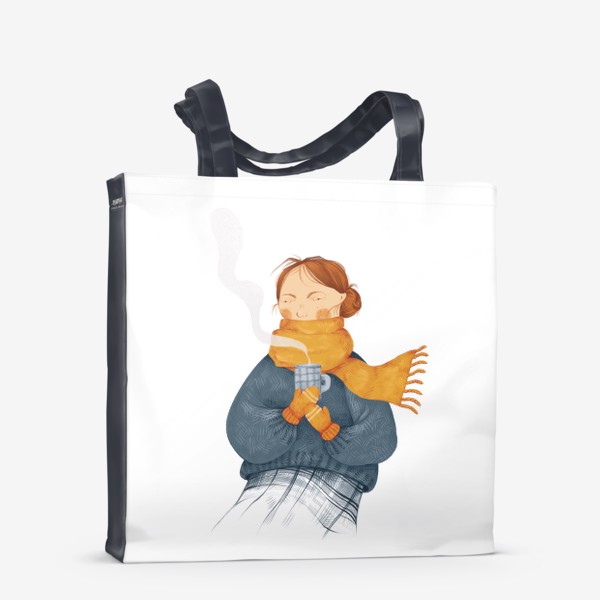 Сумка-шоппер «Акварельная яркая уютная иллюстрация. Девушка в шарфе и свитере держит в руках горячую чашку. Зима, осень»