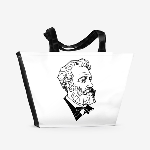 Пляжная сумка «Жюль Верн, графический портрет писателя, черно-белый»