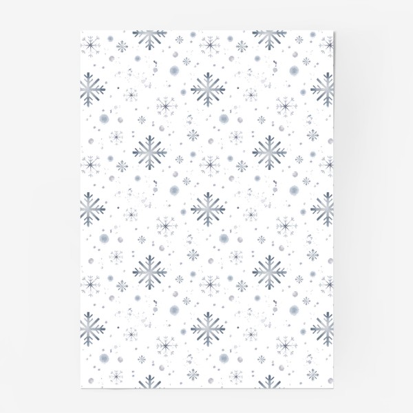 Постер «Акварельный новогодний бесшовный фон c зимними иллюстрациями голубых снежинок. Падающий снег»