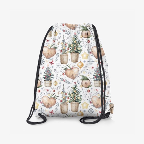 Рюкзак «Акварельный бесшовный фон с яркими рождественскими иллюстрациями украшенных новогодних елок в корзинах»